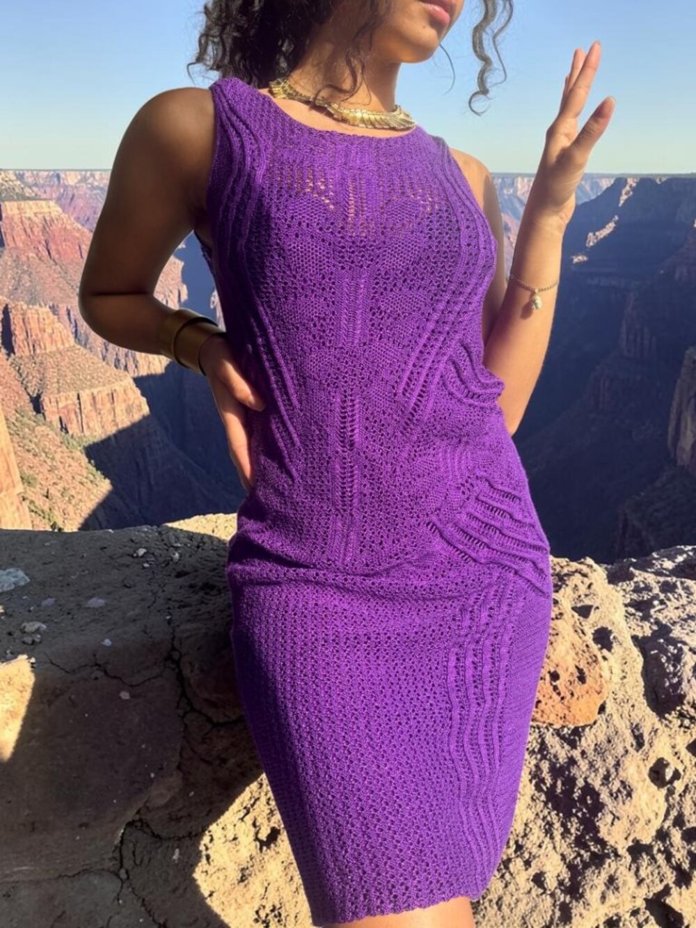 Polo Ralph Lauren Purple Crochet Knit Dress Sleeveless Midi Bodycon Boho Luxury